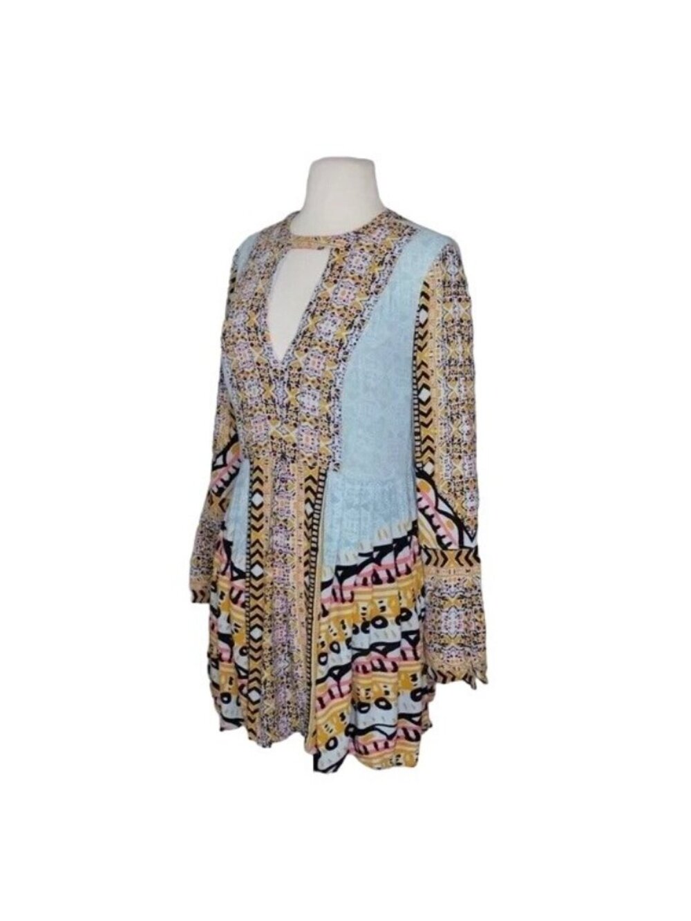 Free People Tegan Blue Borders Keyhole Long Sleeve Mini Dress - Picture 4 of 8